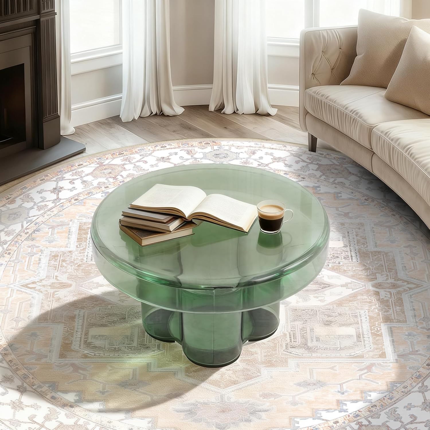 Round Glass End Table, Modern Floral Base Coffee Table Small Accent Side Table for Living Room Bedroom Office 15" or 22" Tabletop