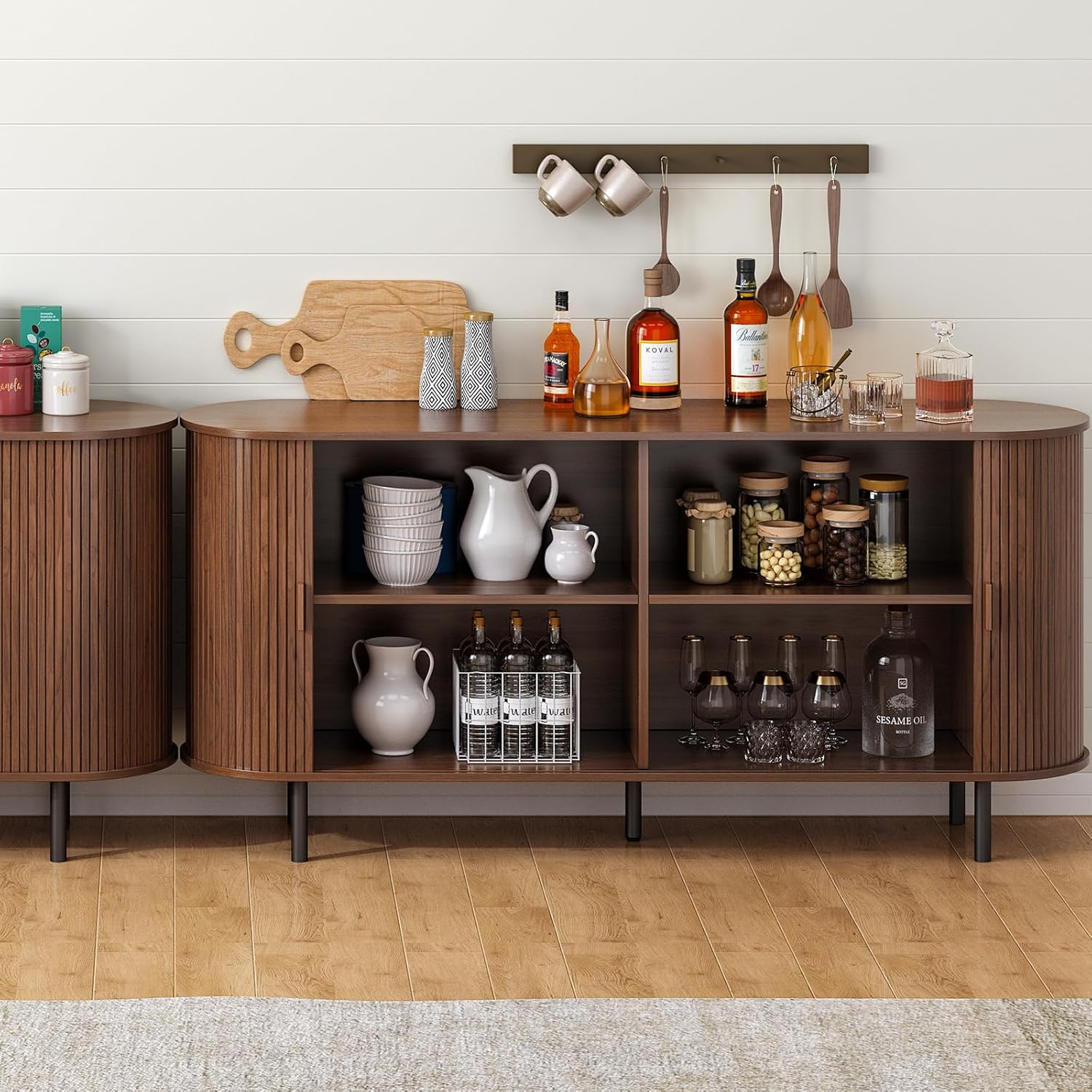 ONBRILL 63" Sideboard Buffet Cabinet with Storage, Storage Cabinet with Sliding Door & Adjustable Shelf, Modern Accent Coffee Bar Console Table for Kitchen, Entryway, Walnut