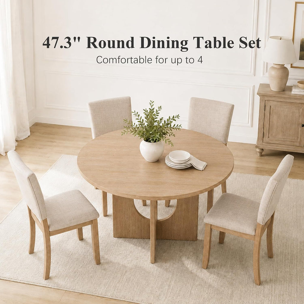 5-Piece Round Dining Table Set for 4, 47" Kitchen Table, Natural | U-Shaped Pedestal Base, Round Tabletop, 4 Upholstered Fabric Chairs, Space Saving Dinner Table for Dining Room, Kitchen