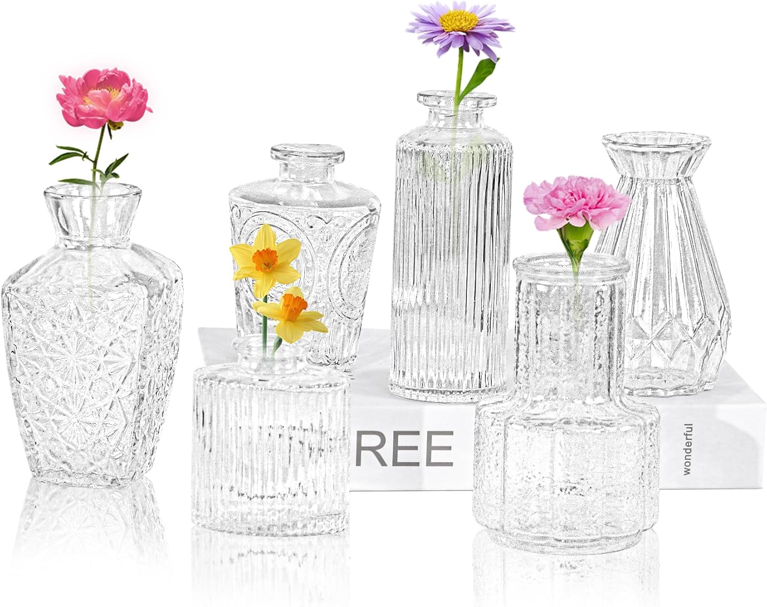 6Pcs Glass Bud Vase Set,Small Flower Vase for Tables Centerpieces Decor, Mini Vintage Clear Vase for Home,Wedding,Party Decorations