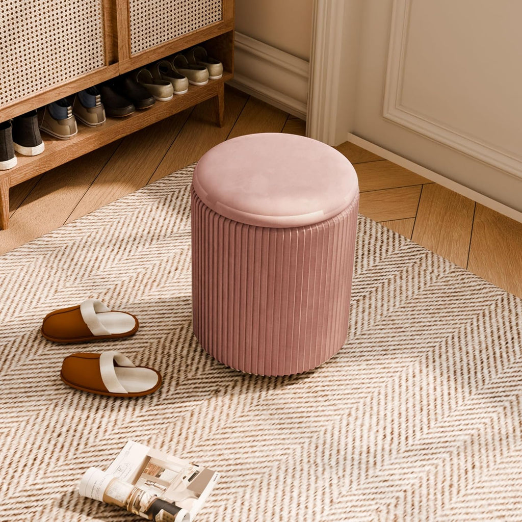 Ottoman with Storage Set of 2, Velvet Round Storage Ottoman, Upholstered Sponge Vanity Stool Support 300lbs, Multifunctional Coffee Table Foot Rest Ottoman for Living Room Bedroom, Pink