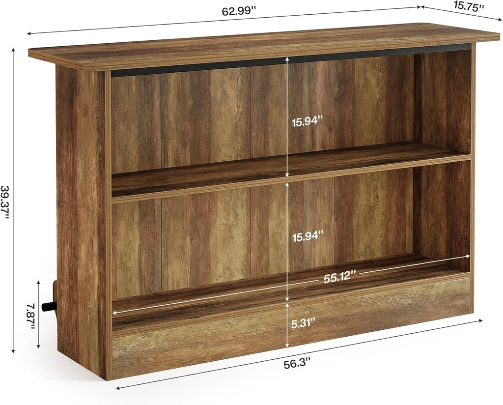 Tribesigns 63" Wooden Bar Table, Farmhouse Home Bar Unit with 2-Tier Storage Shelves and Metal Footrest, Small Bar Cabinet for Kitchen, Dining Room, Bistro (Brown)