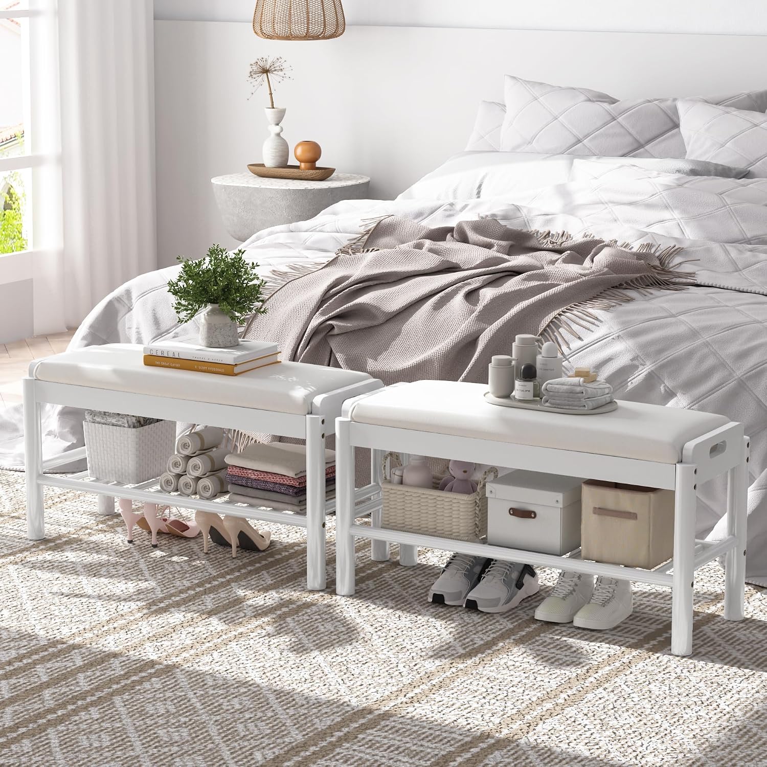 Shoe Storage Bench with Cushion - 2 Tier Shoe Rack for Front Door Entrance, Wood Shoes Rack, Entryway Bench with Shoes Storage for Closet,Hallway,Bedroom&Living Room(White, 31.5" W)