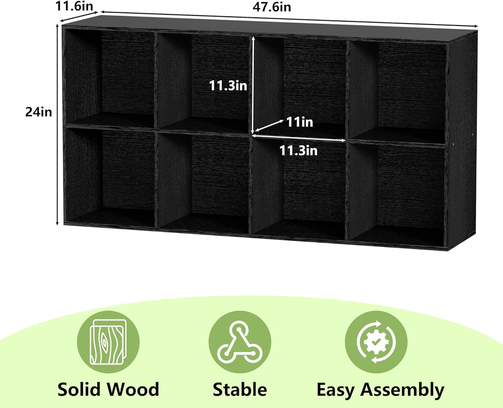 8 Cube Storage Organizer, 11 in Black Cube Shelf, Wood Cubby Storage Organizer with Back Panel & Open Compartments, Vertical or Horizontal Cube Bookshelf Bookcase for Living Room, Bedroom, Entryway