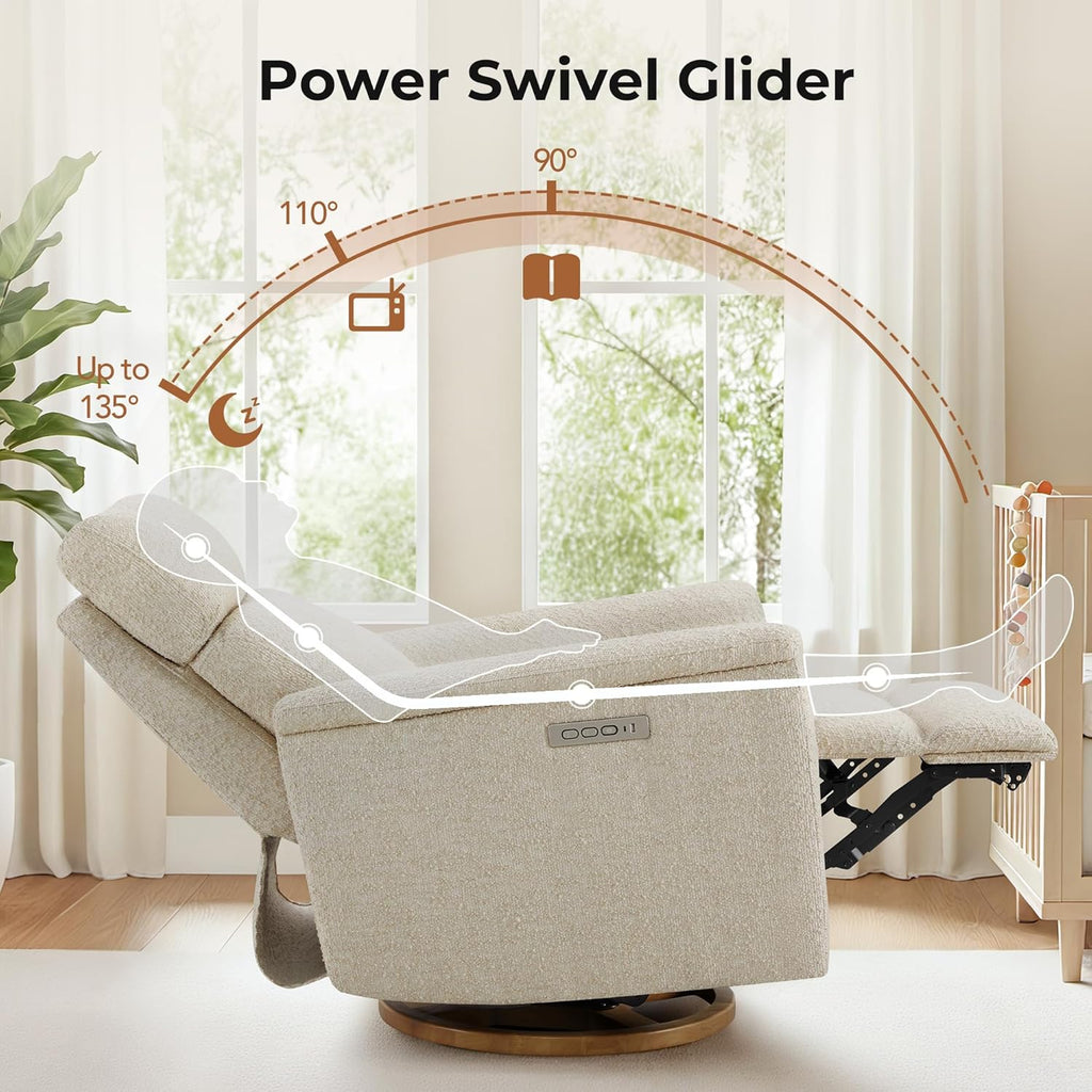 CHITA Power Swivel Glider for Adults with Nightlight, Nursery Recliner Chair with Power Headrest for Living Room, Bedroom, Water-Resistant Boucle Fabric in Sand