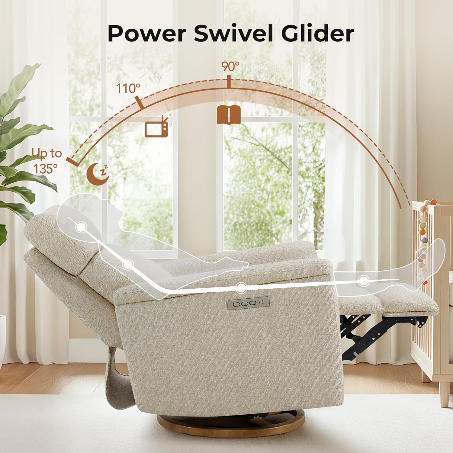 CHITA Power Swivel Glider for Adults with Nightlight, Nursery Recliner Chair with Power Headrest for Living Room, Bedroom, Water-Resistant Boucle Fabric in Sand