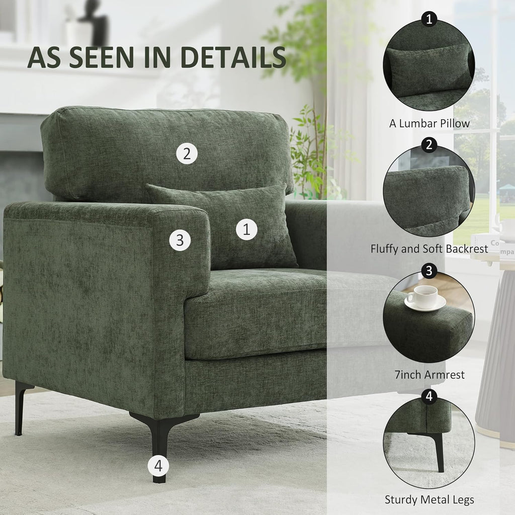 Oversized Accent Chair with Metal Legs,Comfy Armchair and a Half,Modern Century Single Sofa Extra Large Reading Club Chair for Bedroom,Living Room,and Apartment,Chenille,Green