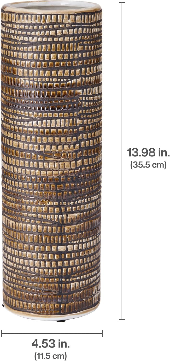 Elements 4.53x4.53x13.98 Inch Textured Ceramic Cylinder Vase, Black and White