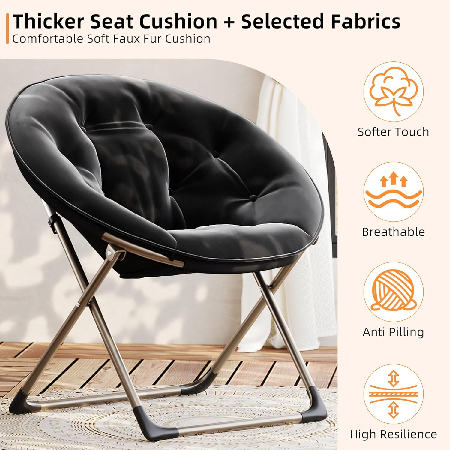 IDEALHOUSE Comfy Folding Padded Saucer Chair, Folding Circle Chair with Metal Frame, Soft Moon Chair for Bedroom, Dorm Rooms, Apartments, Lounging, Garden and Courtyard, Black