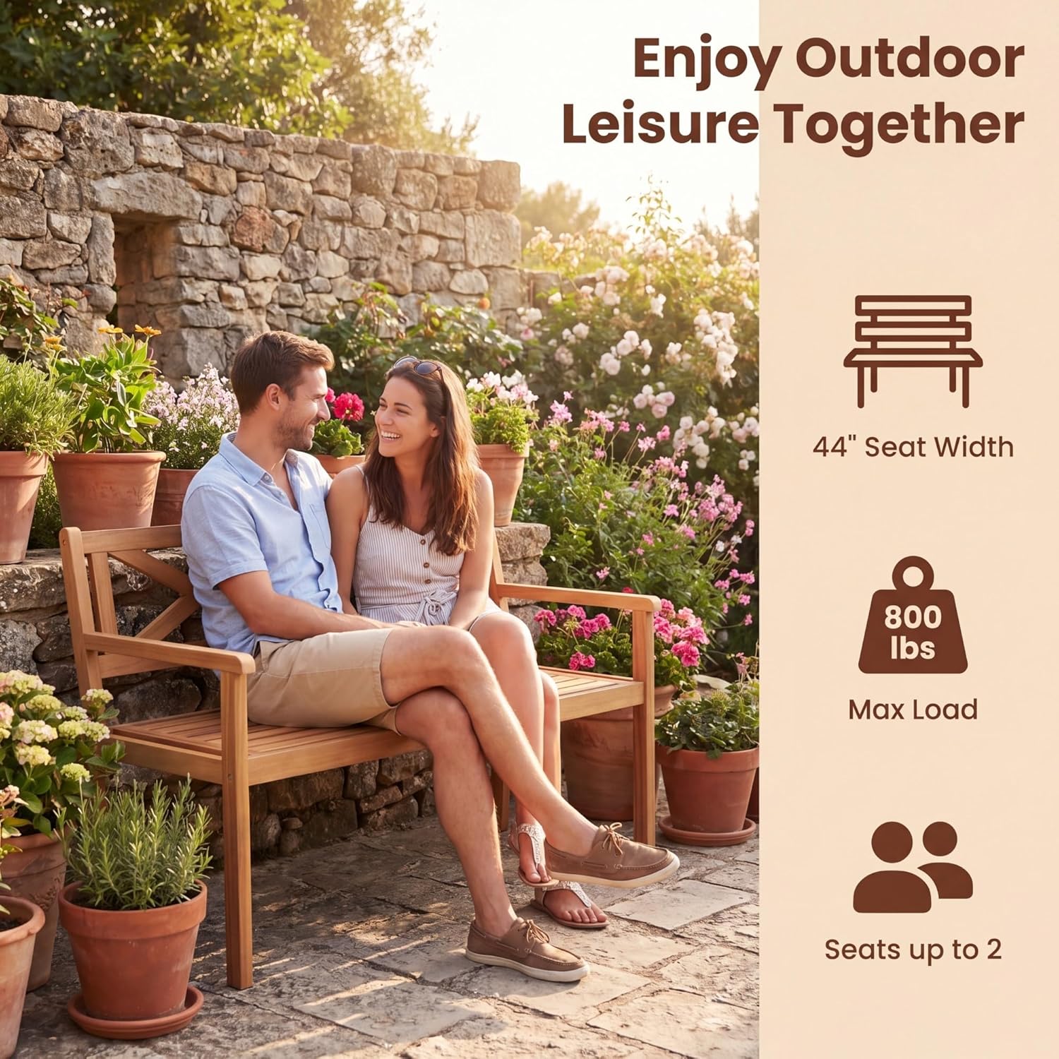 Giantex 2-Person Outdoor Bench, 47" Patio Acacia Wood Loveseat with Slatted Seat, Armrests & X-Shaped Backrest, Wooden Garden Seating for Backyard, Porch, Deck, Poolside