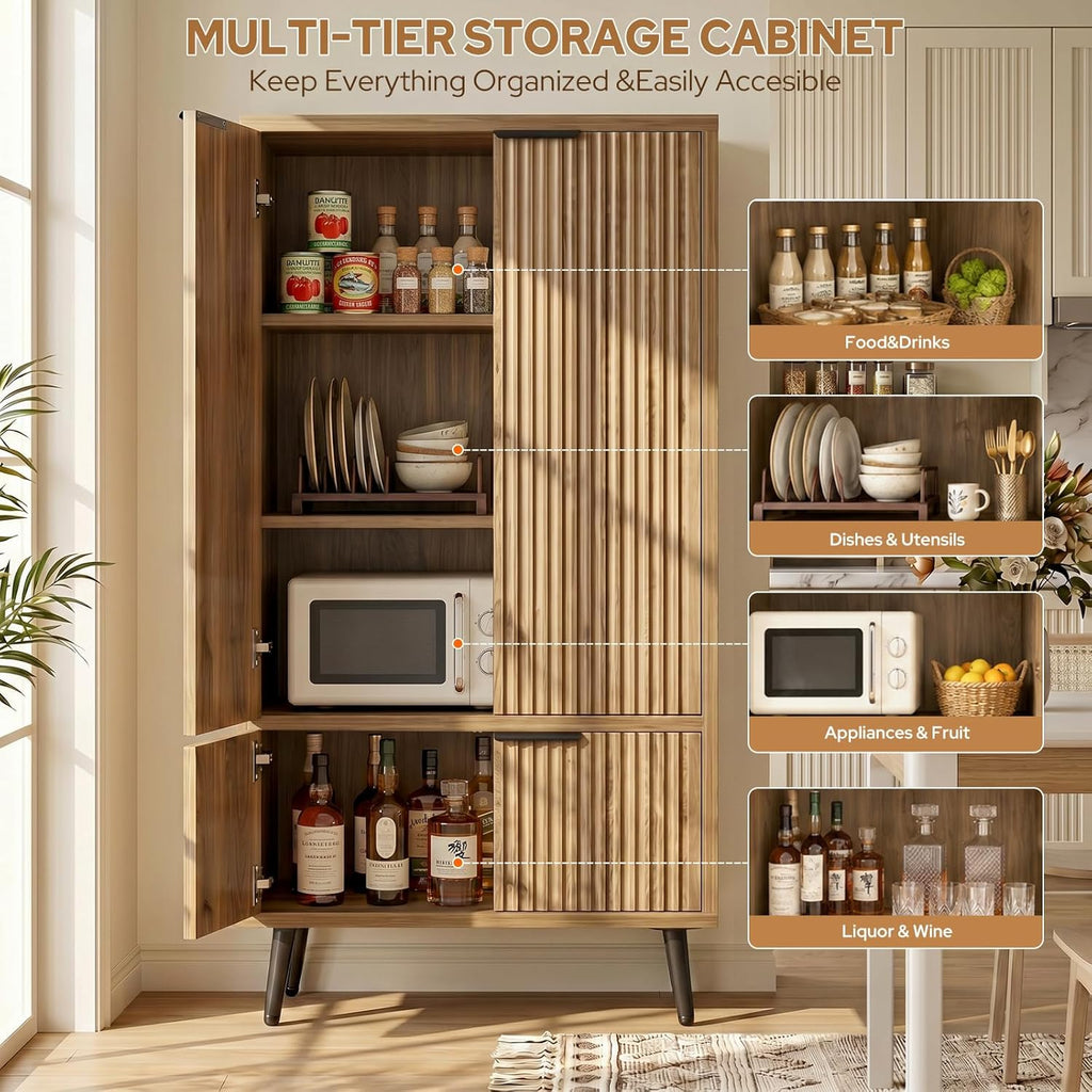 Oak Fluted 51" Tall Wooden Kitchen Pantry Storage Cabinet Food Organize with Adjustable Shelves, Modern Accent Cabinet Sideboard Buffet for Dining Room, Entryway, Bathroom, Home Office