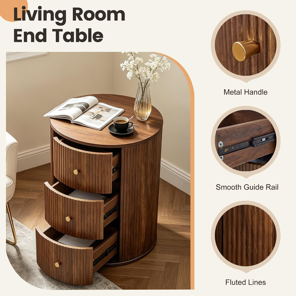FurSch Fully Assembled Round End Table, Fluted Mid Century Side Table with 3 Storage Drawers for Living Room, Bedroom, Couch (Walnut-1 pc)