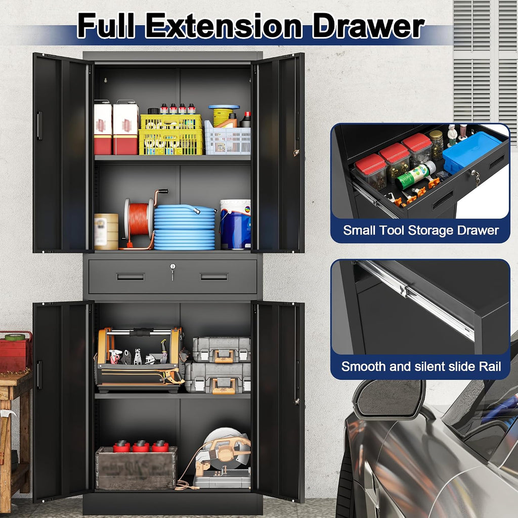 BESFUR Metal Garage Storage Cabinet with a Drawer Locking Doors and 2 Adjustable Shelves, Black Tall Storage Cabinets, Tool File Lockable Cabinet for Garage Office Warehouse Shop(71”H)