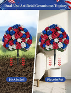 BLOSMON 4th of July Topiary Balls: Outdoor Set of 2 Red White Blue 29" H X 19.7" W Artificial Geraniums for 250 Anniversary Porch Decoration - Patriotic Fake Flowers Bush for Patio Planter