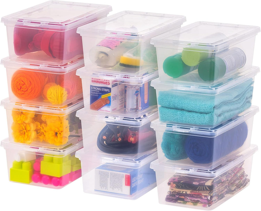 IRIS USA 12-Pack Plastic Storage Bins with Lids, 7 Quart Stackable Clear Organizing Containers, Durable BPA-Free Latching Boxes for Home, Office, Garage & Closet Organization, Medium Size, Clear