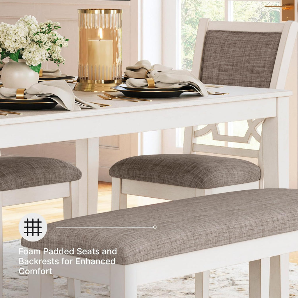 Signature Design by Ashley Erinberg Casual Dining Table with 4 Armless Upholstered Chairs and Bench, Set of 6, White & Light Gray
