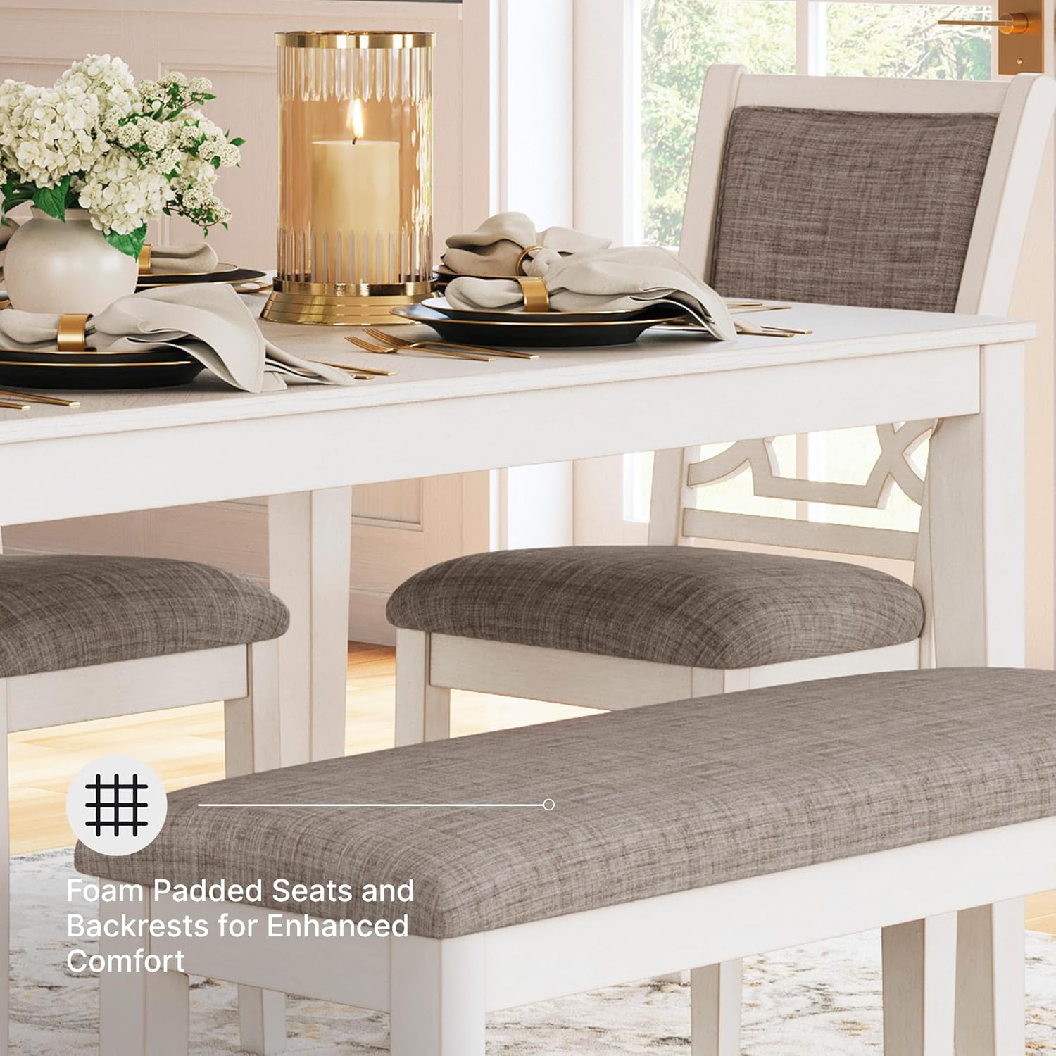 Signature Design by Ashley Erinberg Casual Dining Table with 4 Armless Upholstered Chairs and Bench, Set of 6, White & Light Gray