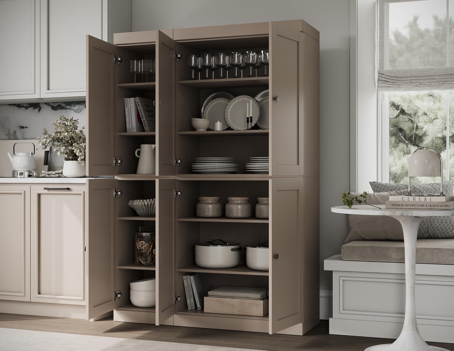 Palace Imports Solid Wood Kitchen Pantry Cabinet - 71.5" Tall, 48.5" Wide - Wooden Storage Cabinet w/ 6 Shaker Doors & 8 Adjustable Shelves - Beige, 100% Renewable Eco-Friendly Wood, Made in Brazil