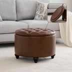 WUTUTUEE 24Inch Round Storage Ottoman with Tray, Modern Tufted Leather Circle Coffee Table with Storage, Upholstered Ottoman with Removable Top for Living Room, Bedroom, Leather Coffee