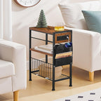 HOOBRO End Table with Charging Station, Small Side Table with Magazine Holder, Nightstand Bedside Table, 3-Tier Storage Shelf for Small Space, Living Room, Bedroom,Rustic Brown and Black BF412UBZ01