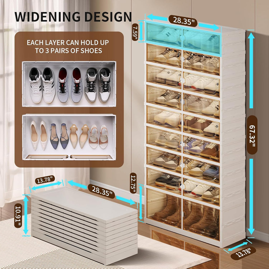 CIMLORD 9-Tier Foldable Shoe Rack Organizer for Closet, 27 Pairs Collapsible Plastic Shoe Shelf, Large Shoes Cabinet with Door, Clear Stackable Storage Box Easy Assembly White