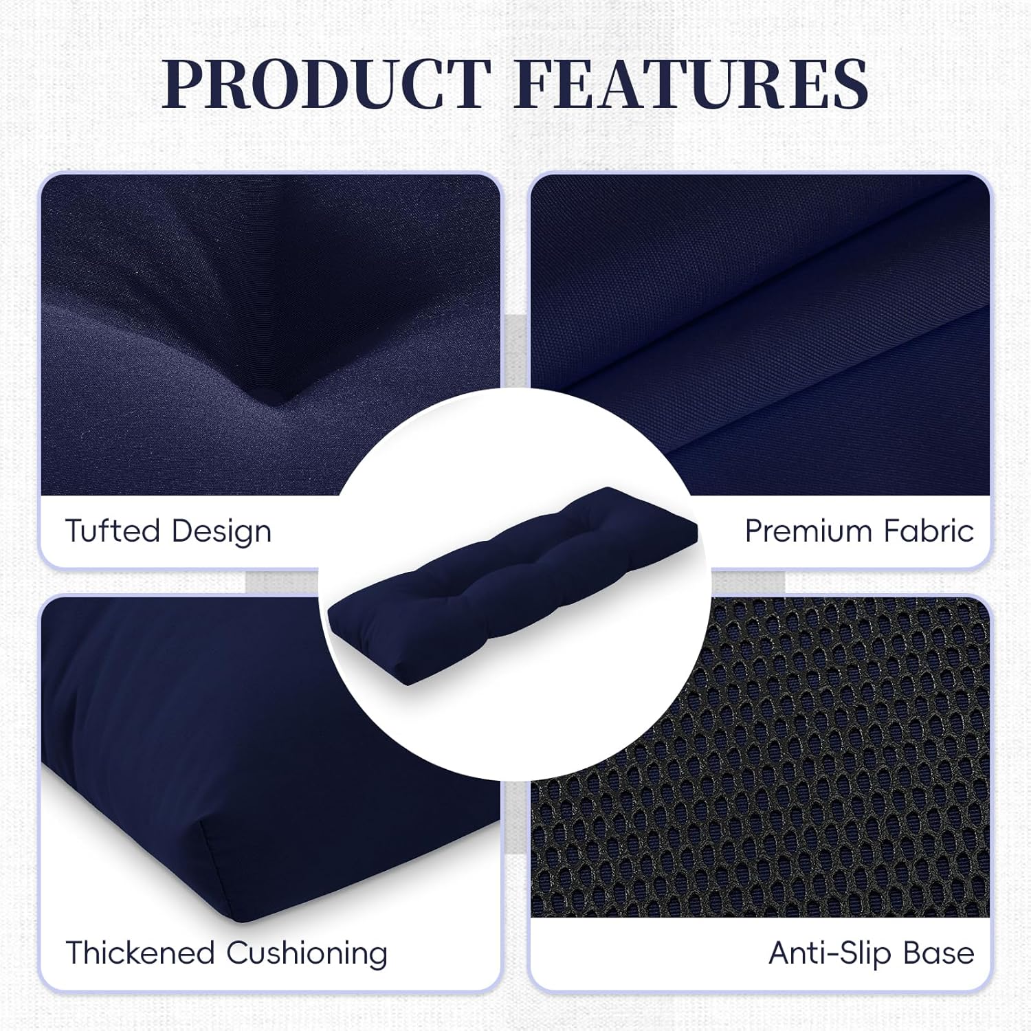 Bench Cushion for Indoor/Outdoor Furniture, Waterproof Patio Bench Seat Cushion with Non-Slip Bottom, 42x16x4 inch, Navy