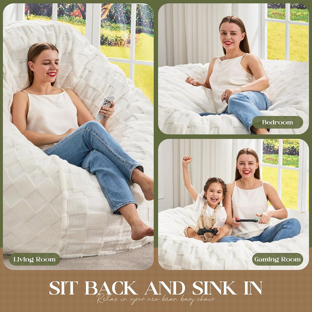 Hobestluk Bean Bag Chairs Beanbag Chair with Filler Adult Bean Bags with Fluffy Plaid Cover, Giant Bean Bag Chairs for Adults for Living Room, Bedroom (White, 3FT - 36” x 36” x 22”)