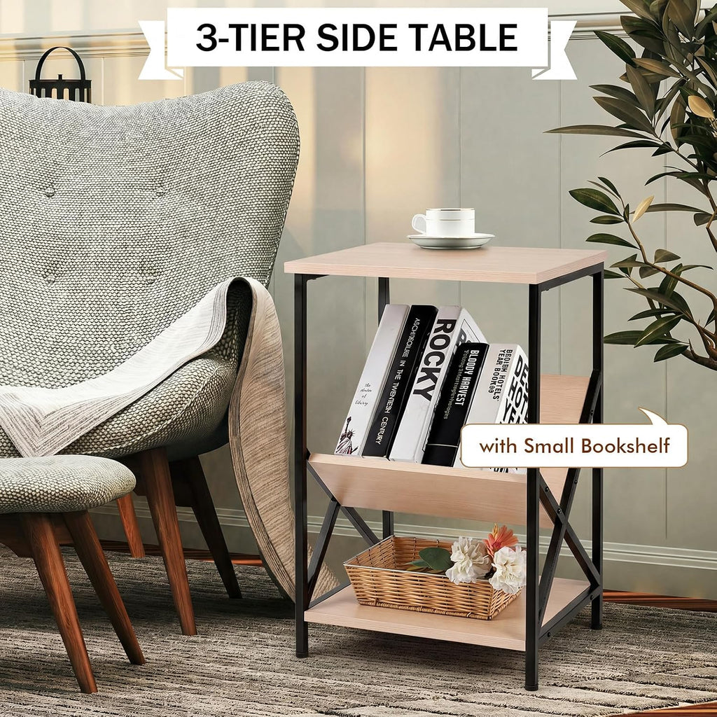Tangkula Industrial Side Table, 3-Tier Accent End Table with Small Book Record Shelve, Metal Frame, Scratch-Resistant Top, Small Bookcase, Record Player Stand for Living Room, Bedroom (2, Beech)