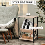 Tangkula Industrial Side Table, 3-Tier Accent End Table with Small Book Record Shelve, Metal Frame, Scratch-Resistant Top, Small Bookcase, Record Player Stand for Living Room, Bedroom (2, Beech)