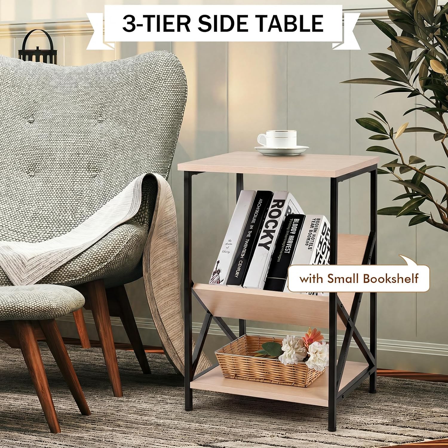 Tangkula Industrial Side Table, 3-Tier Accent End Table with Small Book Record Shelve, Metal Frame, Scratch-Resistant Top, Small Bookcase, Record Player Stand for Living Room, Bedroom (2, Beech)