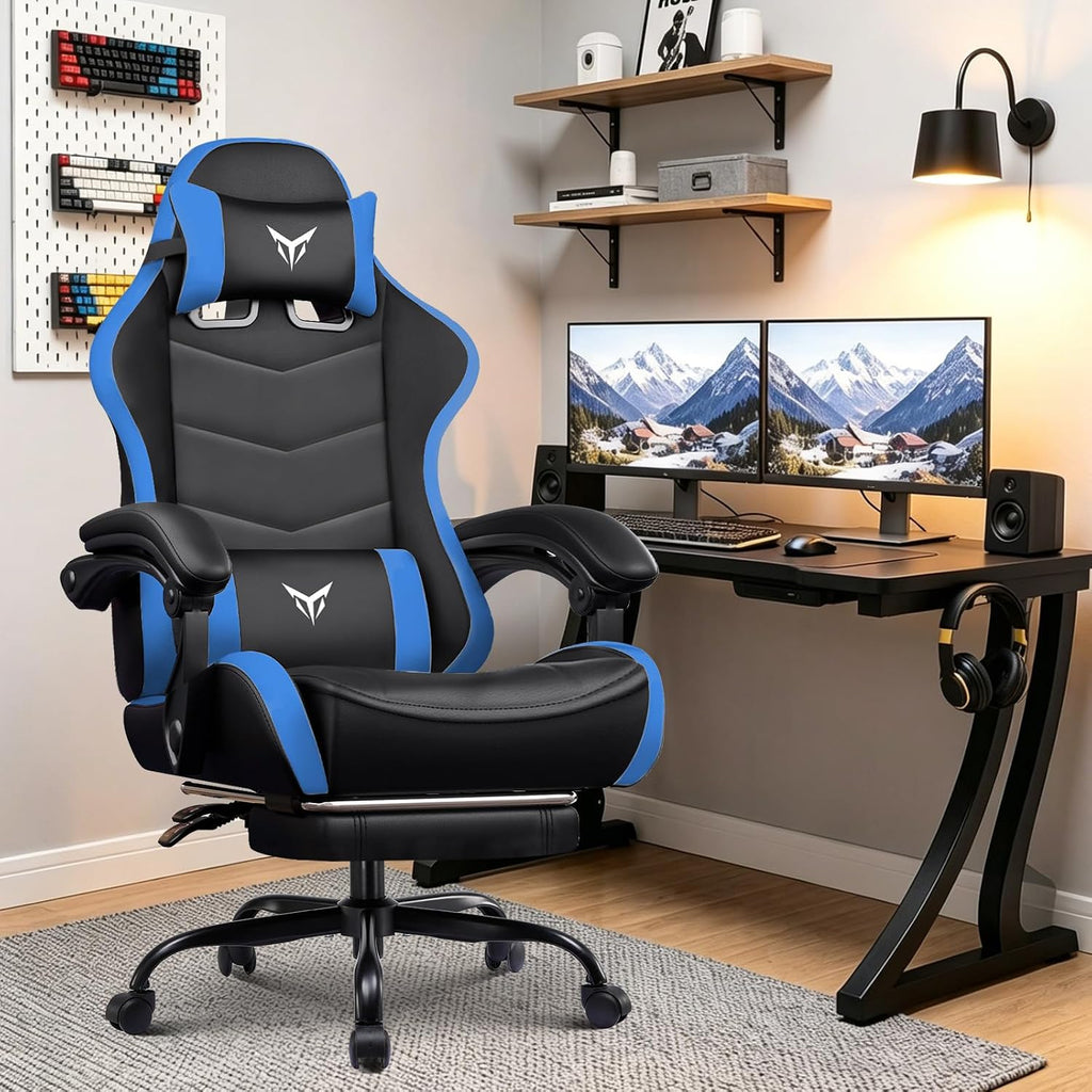 EXRACING Gaming Chair with Footrest, Ergonomic Computer Chair 350lbs High Back for Adults, Height Adjustable Video Game Chair with Headrest and Lumbar Support, 360° Swivel, PU Leather, Blue