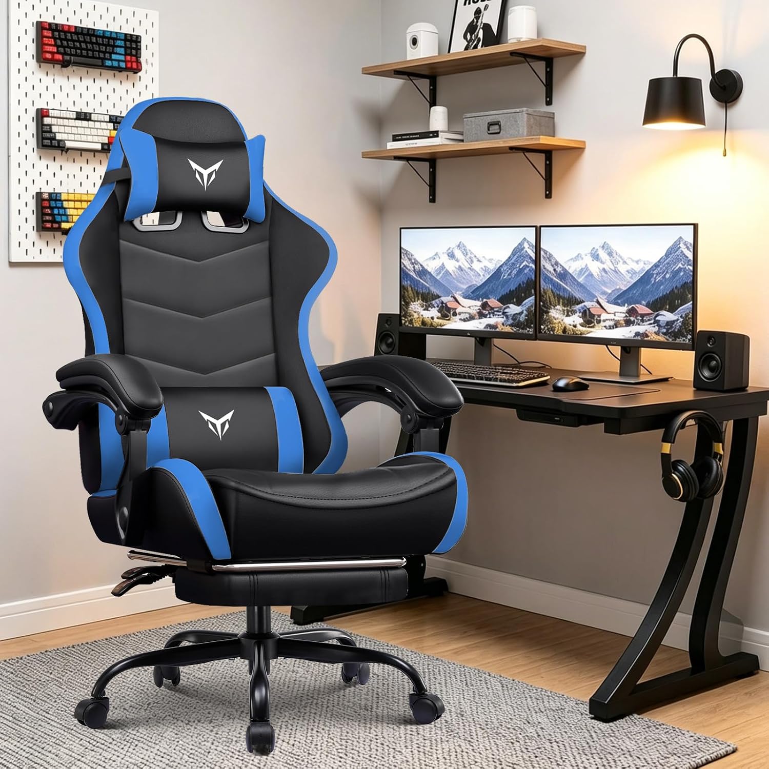 EXRACING Gaming Chair with Footrest, Ergonomic Computer Chair 350lbs High Back for Adults, Height Adjustable Video Game Chair with Headrest and Lumbar Support, 360° Swivel, PU Leather, Blue