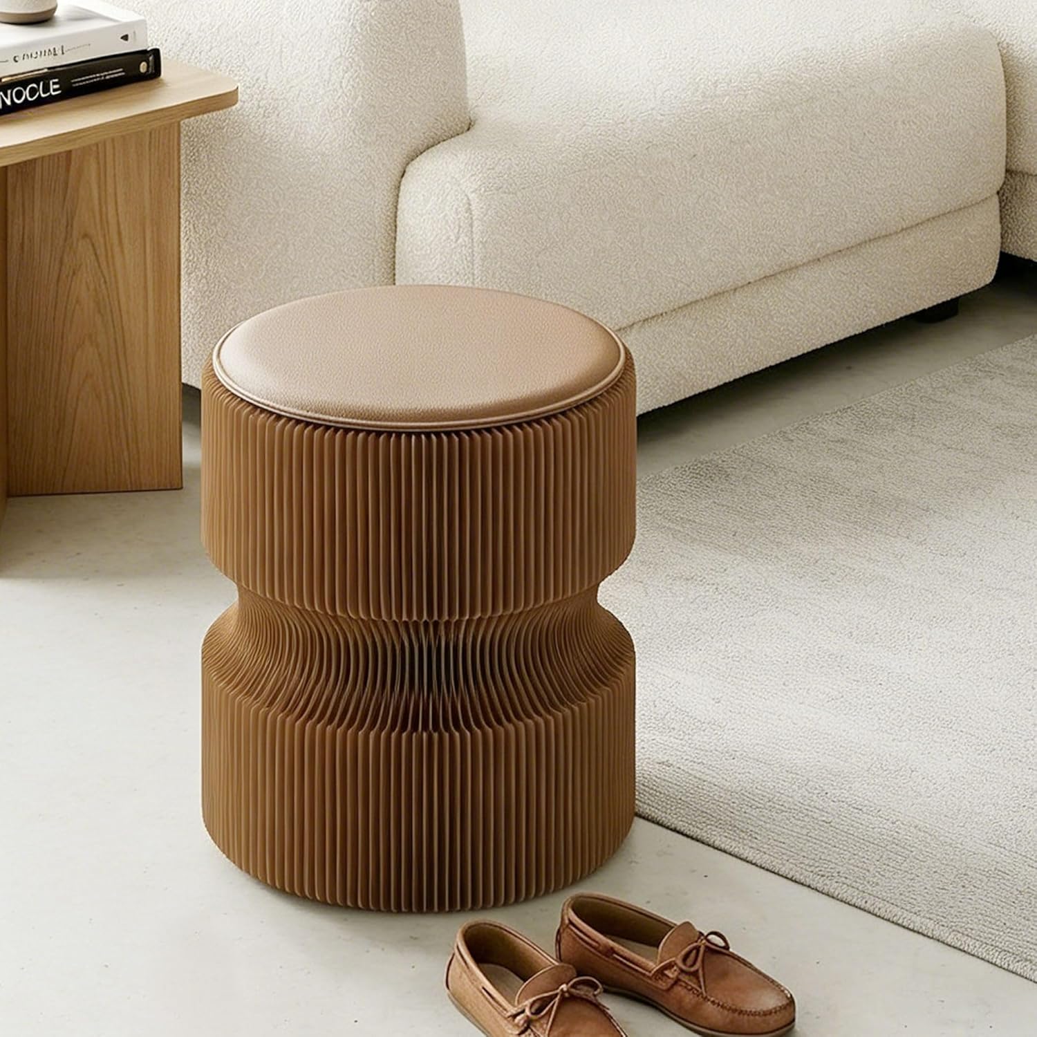 Accordion Folding Stool, Modern Kraft Paper Honeycomb Ottoman, Collapsible Portable Footrest Stool, Fold Up Under Desk Seat for Office Entryway Living Room Small Space (15 Inch, Brown)