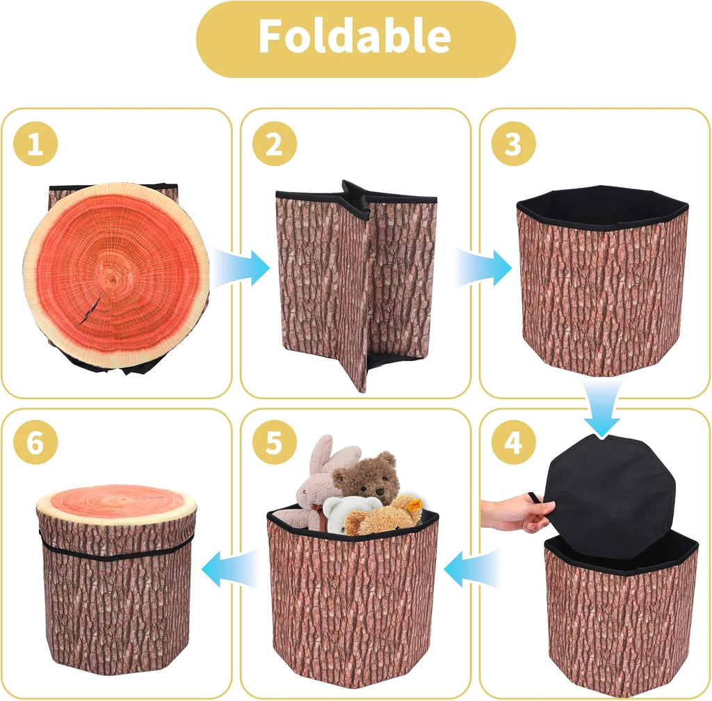 Round Storage Ottoman Cube, Tree Stump Stool, Forest Decor, Multifunctional Toy Storage Box, Cute Foldable Ottoman Stool, Tree Stump Footstool Ottoman, 11inch