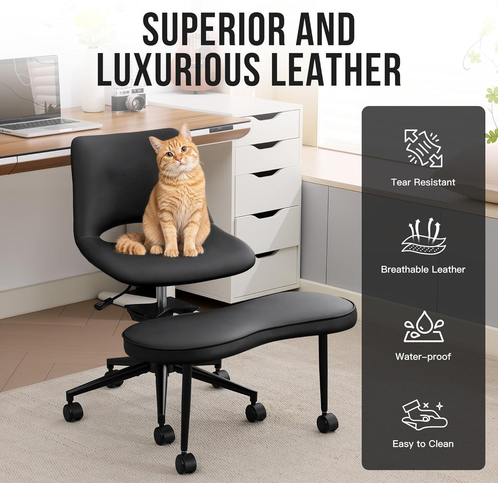 Ergonomic Cross-Legged Lounge Chair – High Lumbar Support, Adjustable Height, 360° Swivel, Wide Criss Cross Seat, Smooth Wheels – Ideal for Meditation, Yoga, ADHD – PU Leather, Black