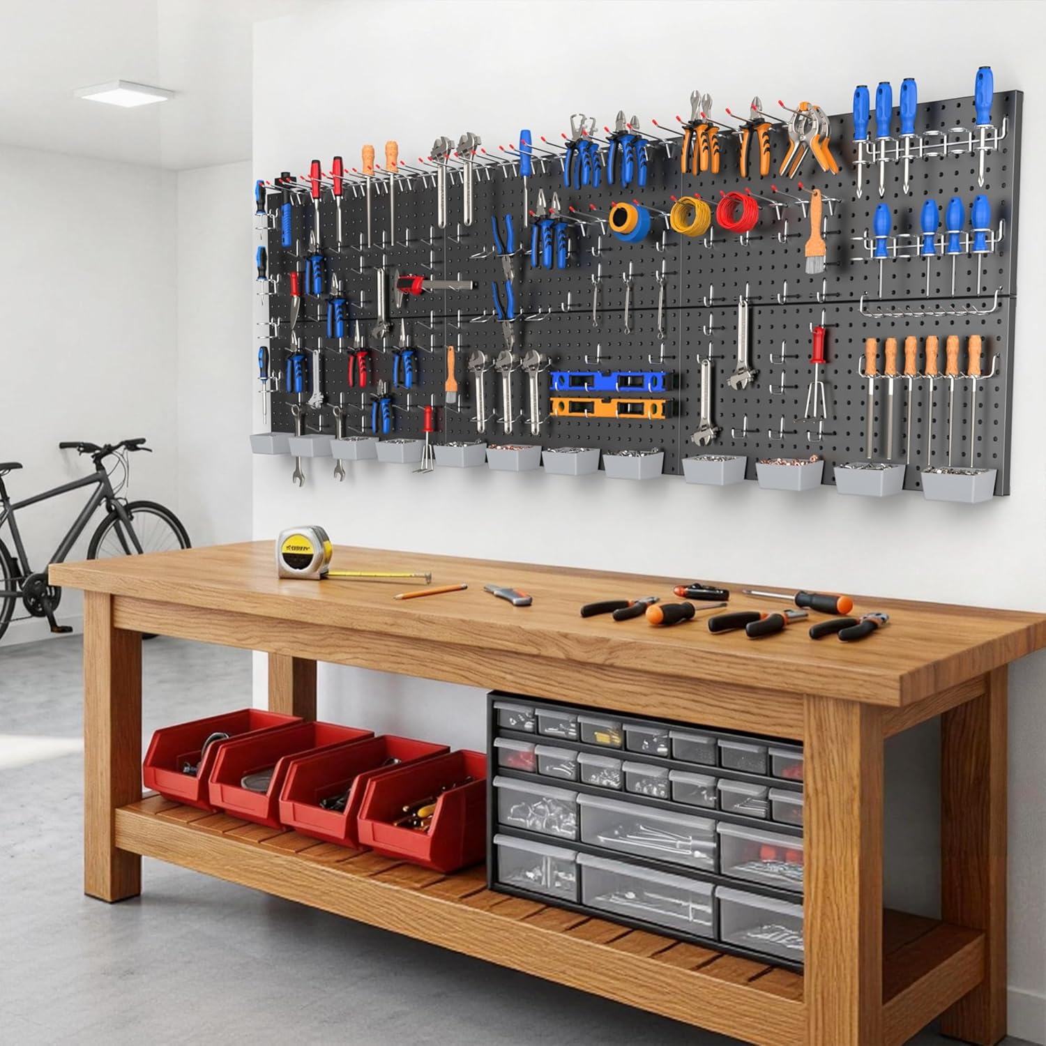 TORACK Garage Tools Organizer Boards Kit with Hooks, Wall Mount Tool Storage Pegboard Modular Peg Boards with Pegs(Black)