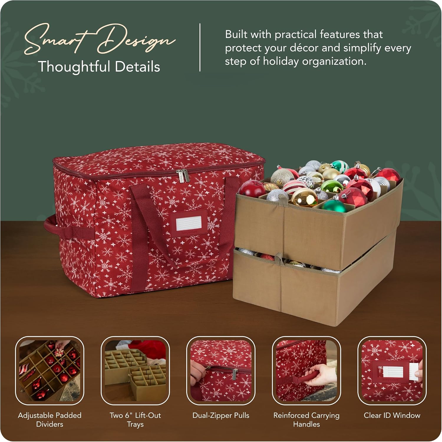 Covermates Keepsakes Adjustable Ornament Storage Bag – Heavy-Duty Polyester, Padded Dividers & FlexGrid Trays – Protective Holiday Ornament Organizer with Handles & Label Window, Red Snowflake