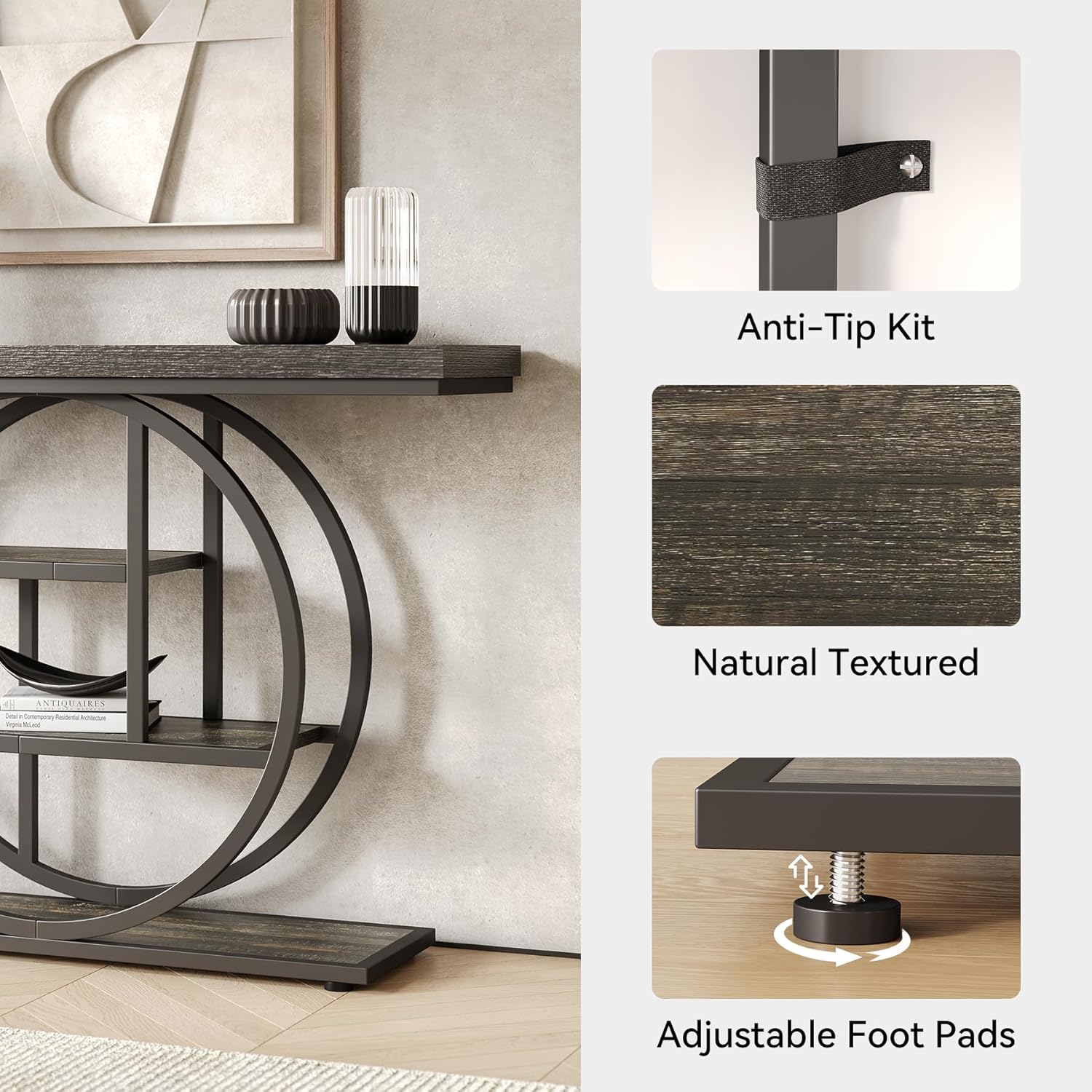 LITTLE TREE Console Table, 4-Tier Entryway Table, 41.3-Inch Industrial Sofa Table for Living Room, Foyer Hallway Table for Entrance, Deep Grey and Black