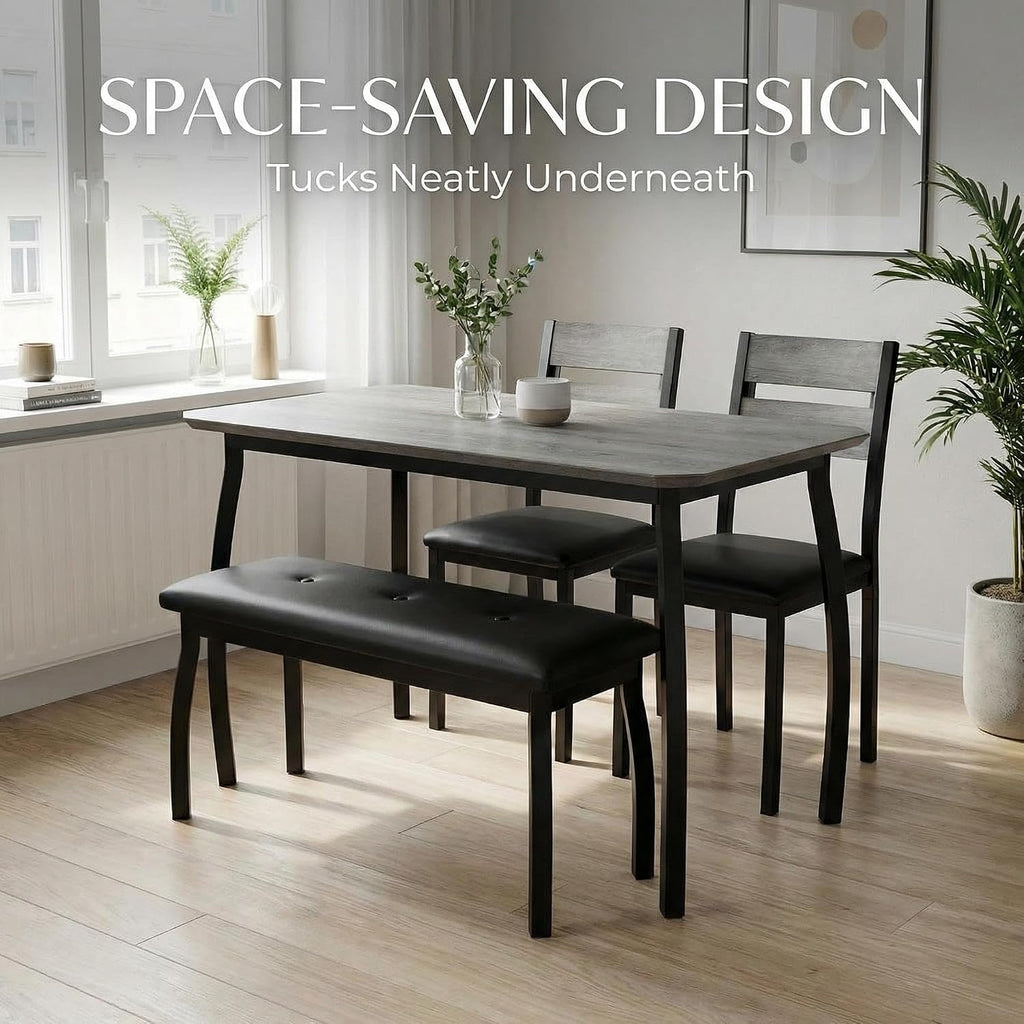 43" Dining Table Set for 4, Space Saving Kitchen Table with Upholstered Bench and 2 Chairs, Small Dining Table Set for 4, Modern Farmhouse Dinette Set for Small Dining Room, Gray