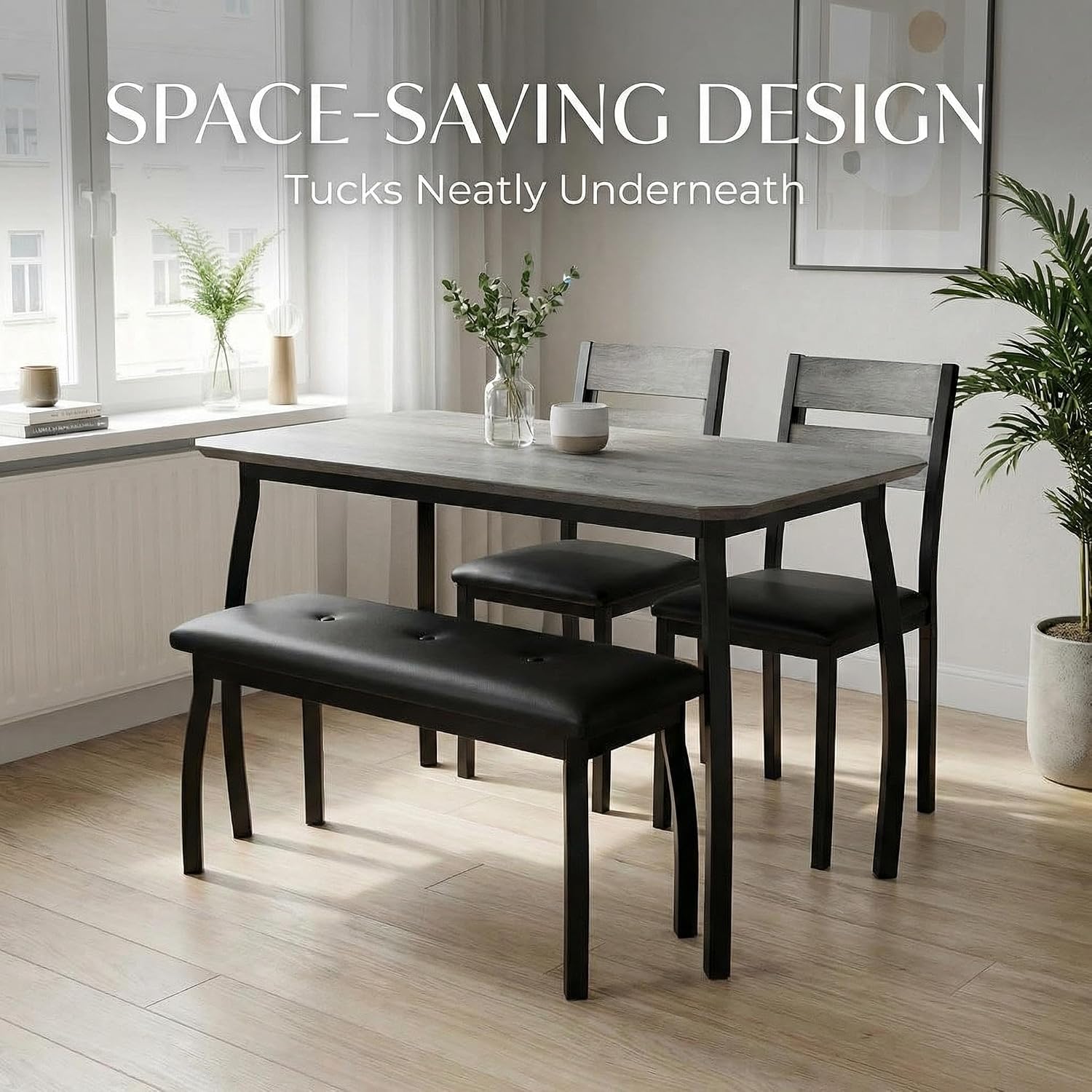 43" Dining Table Set for 4, Space Saving Kitchen Table with Upholstered Bench and 2 Chairs, Small Dining Table Set for 4, Modern Farmhouse Dinette Set for Small Dining Room, Gray
