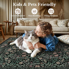 5x7 Area Rugs Living Room Rug: Floral Washable Rug Vintage Boho Soft No Slip Stain Resistant Carpet Indoor Floor Throw Carpets for Bedroom Hallway Nursery Dining Room Playroom Dark Green Black