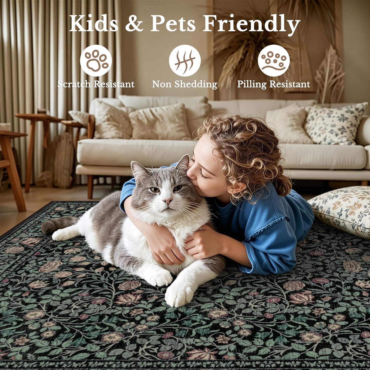 5x7 Area Rugs Living Room Rug: Floral Washable Rug Vintage Boho Soft No Slip Stain Resistant Carpet Indoor Floor Throw Carpets for Bedroom Hallway Nursery Dining Room Playroom Dark Green Black