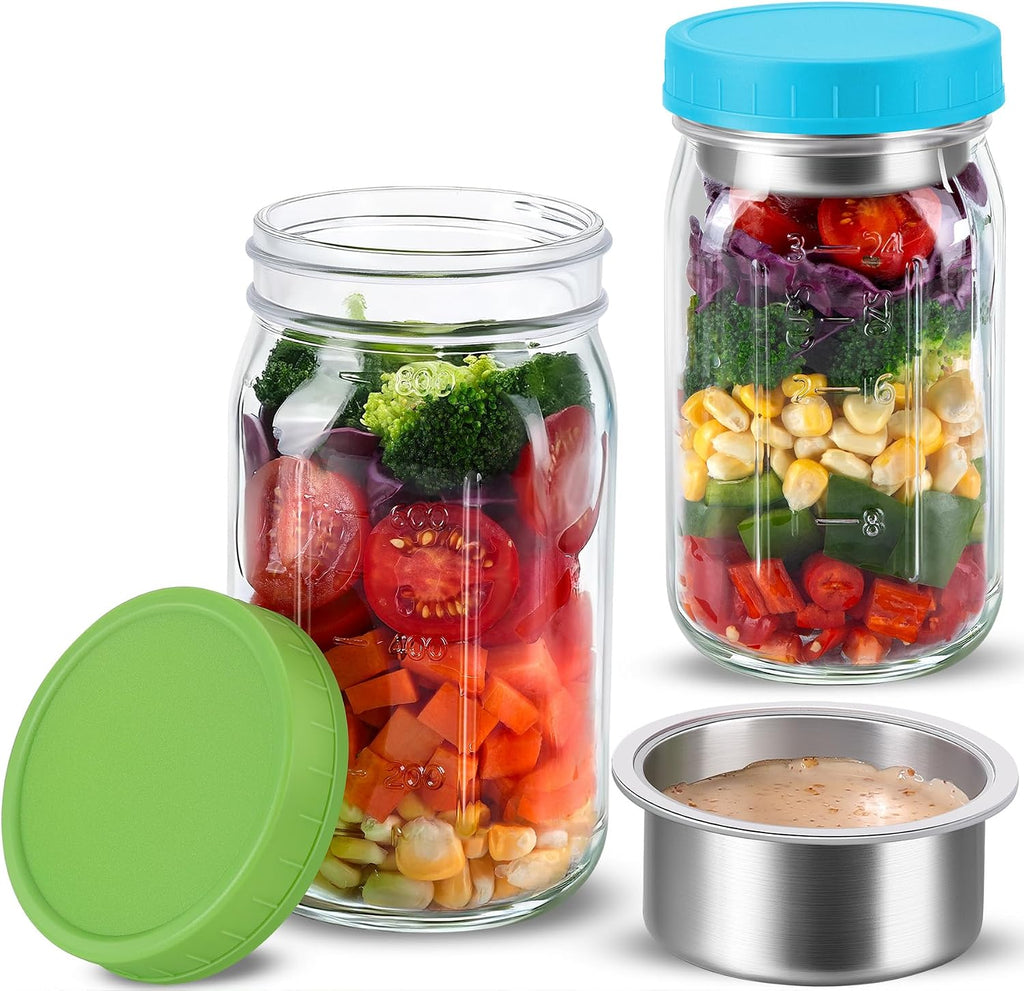 KTKUDY 2 Pack 32 oz Glass Salad Jars with Dressing Cups (Pod) - Meal Prep Salad Container for Lunch - Leakproof Mason Jars with Lids