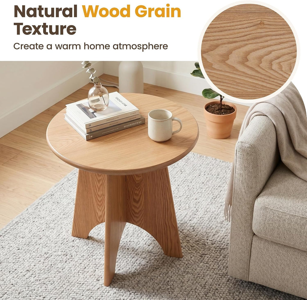 Round Side Table with Unique Panel Leg Design, Sturdy Nightstand for Bedroom, Compact End Table for Living Room, Small Space Accent Table for Couch & Chair (Natural)