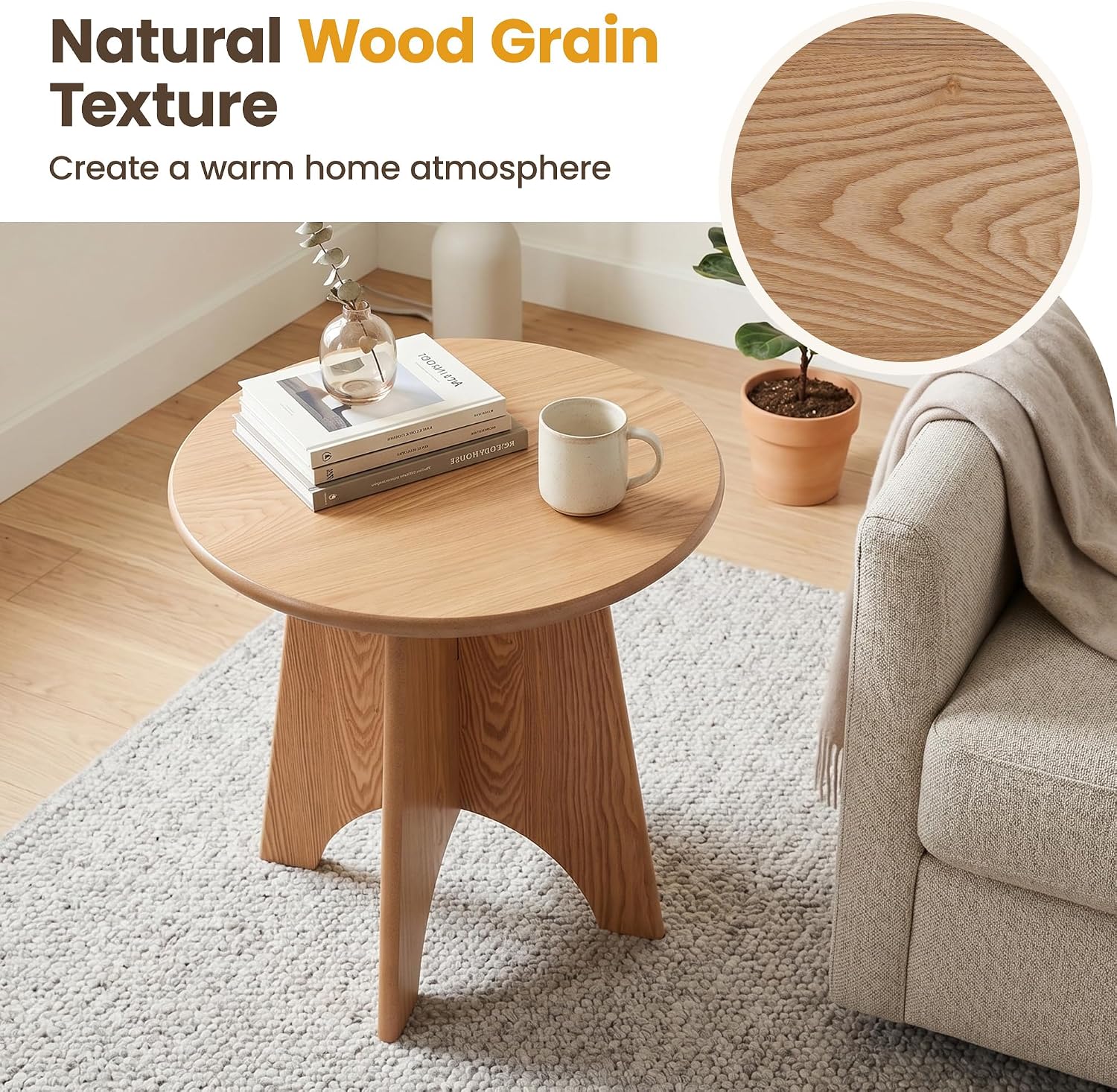 Round Side Table with Unique Panel Leg Design, Sturdy Nightstand for Bedroom, Compact End Table for Living Room, Small Space Accent Table for Couch & Chair (Natural)