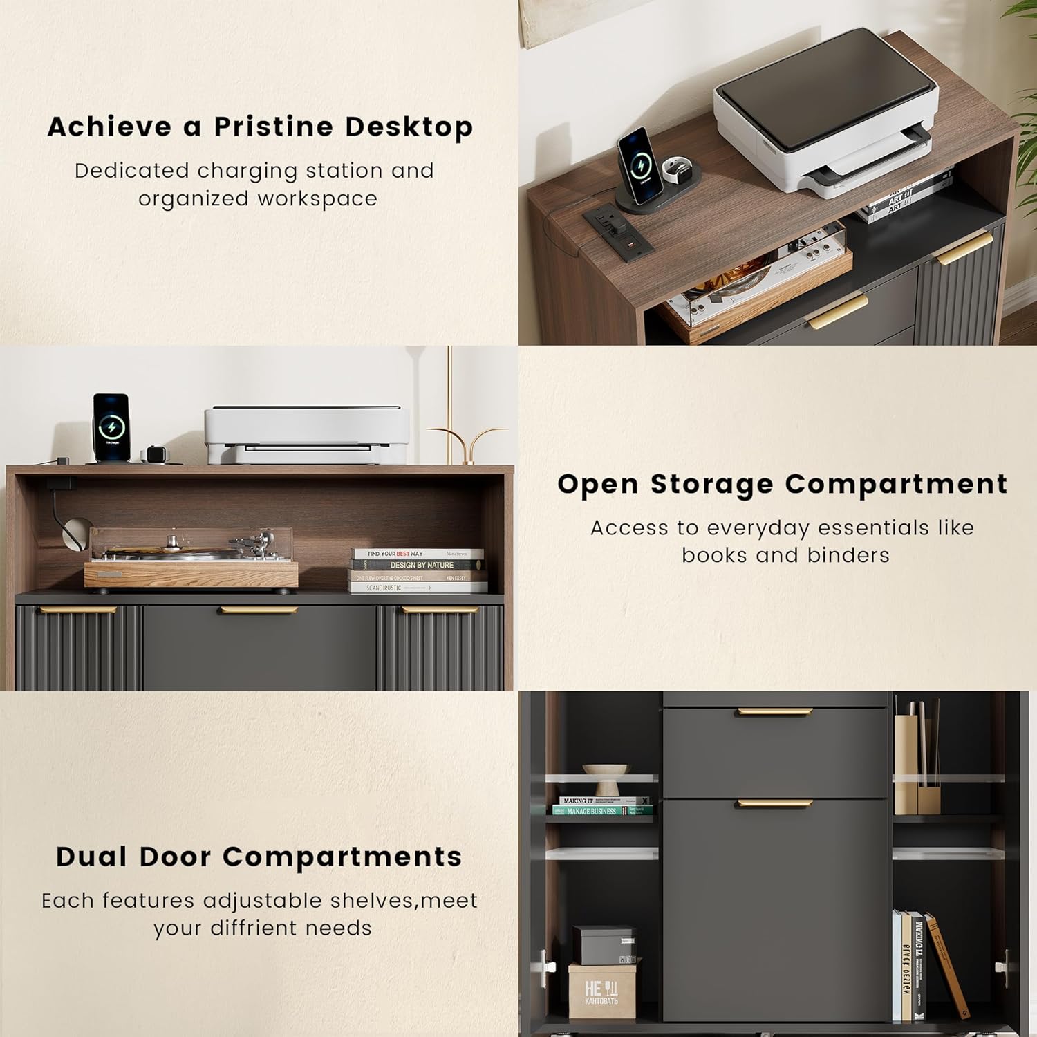 ModernMate Fluted Mobile Office File Cabinet with 3 Drawers, 37" Rolling Storage Cabinet with Charging Station, Small Printer Stand for Home Office, Black Walnut