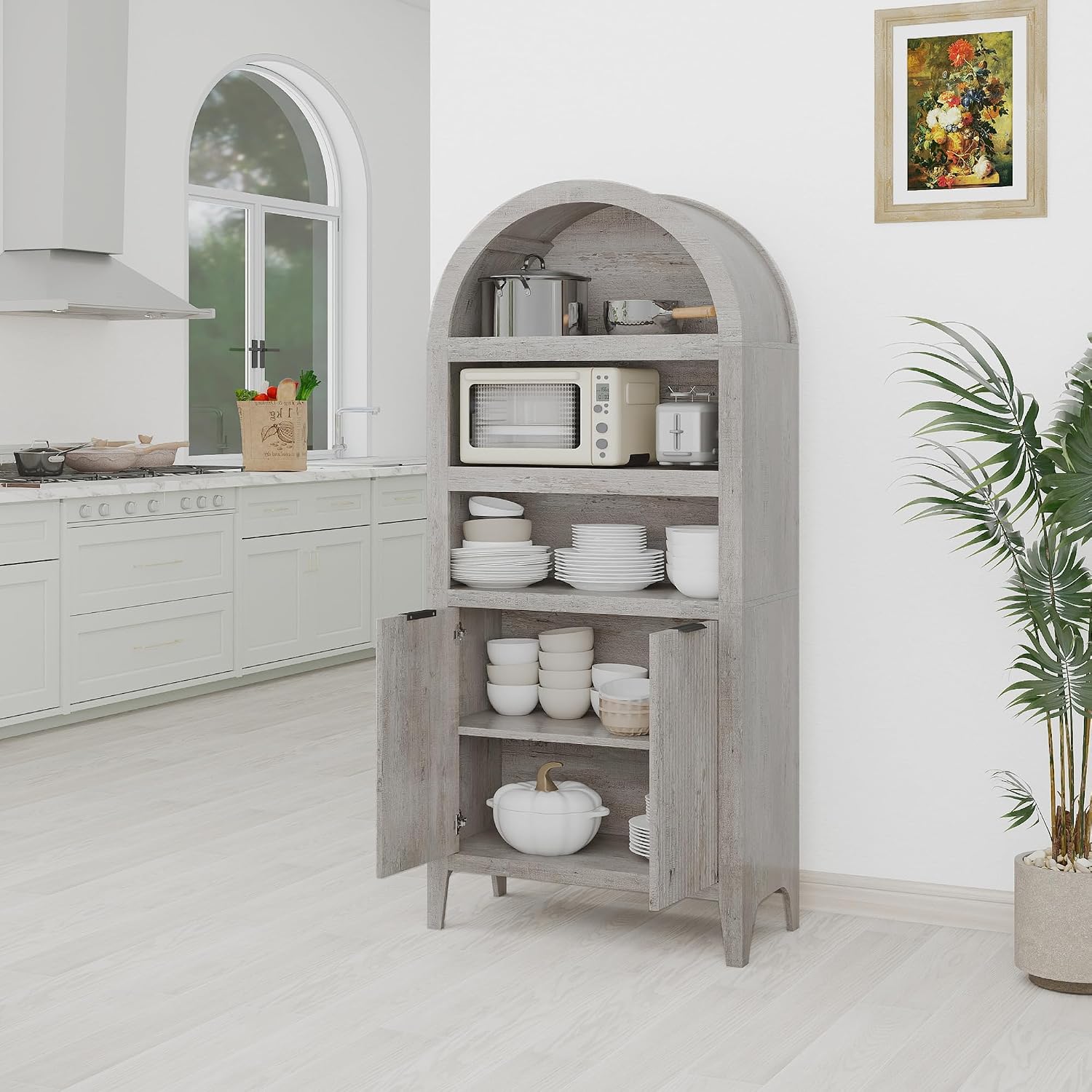 blini 70" Tall Arched Cabinet, Wooden Kitchen Pantry Arched Cabinet with Fluted Doors Versatile Kitchen Hutch Storage Organizer for Dining Room