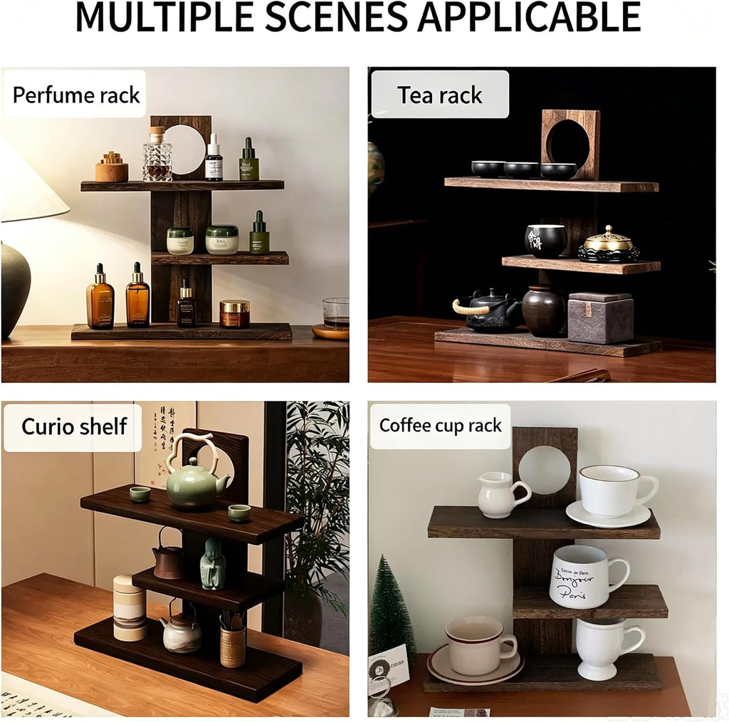 LIYAOLI Wooden Desktop Shelf, 3-Tier Aesthetic Display Stand for Coffee Mugs, Tea Cups, Desk Hutch, Countertop Organizer for Kitchen, Bathroom & Office Decor, Perfume Organizer (Vintage)