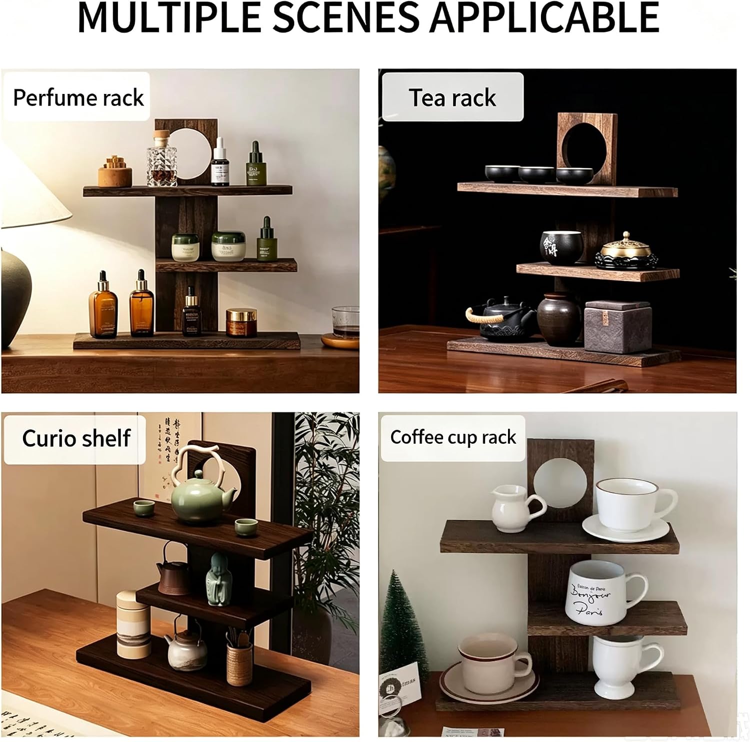 LIYAOLI Wooden Desktop Shelf, 3-Tier Aesthetic Display Stand for Coffee Mugs, Tea Cups, Desk Hutch, Countertop Organizer for Kitchen, Bathroom & Office Decor, Perfume Organizer (Vintage)
