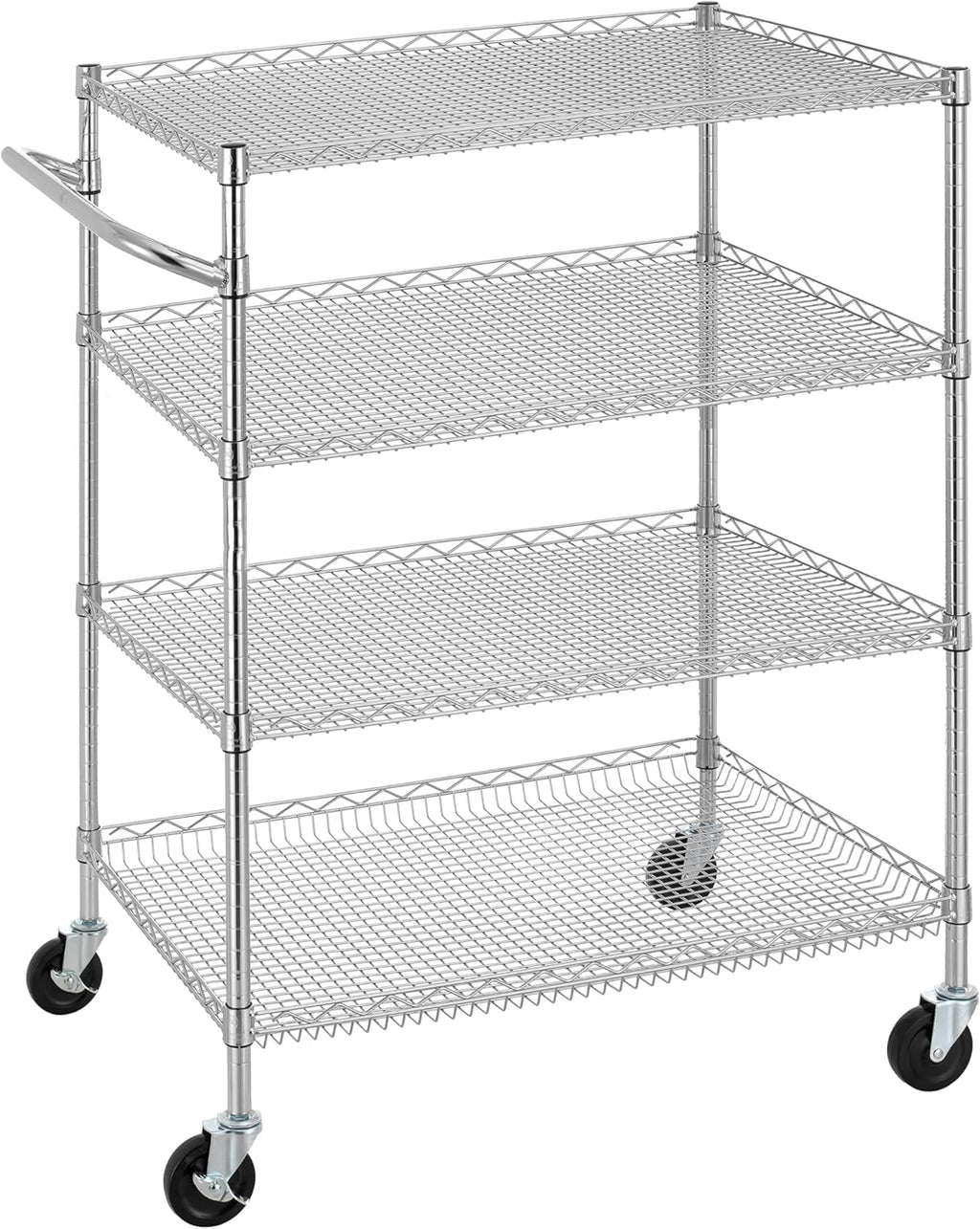Finnhomy 4 Tier Heavy Duty Commercial Grade Rolling Cart with Handle Bar, Metal Wire Utility Cart with Wheels, Service Trolley on Wheels, Shelf Size 24" D x 36" W, NSF, Chrome